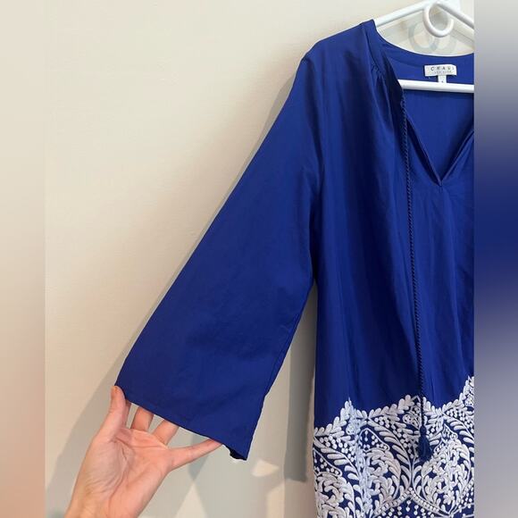 Chaus New York Womens L Blue Long Sleeve Embroidered Tunic Lagenlook Blouse Boho - Picture 7 of 9